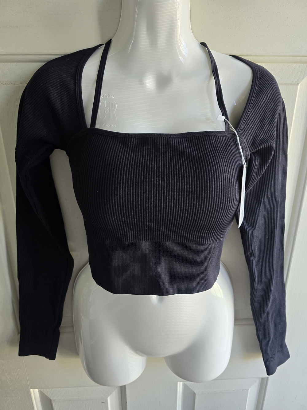 Black Ribbed Square-Neck Halter Crop Top